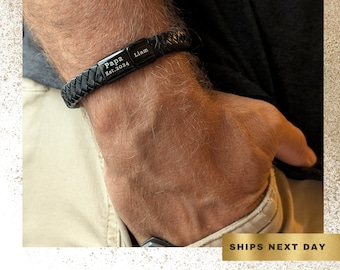 Personalized Black Leather Bracelet for Men, Handcrafted genuine braided leather jewelry, Custom engraved Black Bracelet with magnetic clasp