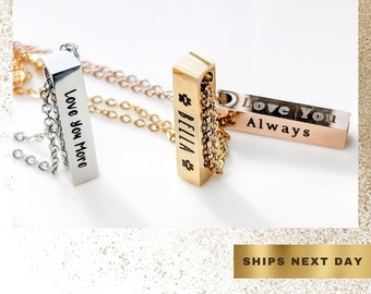 Personalized Bar Cremation Urn Necklace, Handmade Gold necklace for ashes, Custom Engraved Memorial Stainless Steel Jewelry for pet ashes