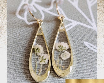 Teardrop Resin Earrings: Pressed Baby's Breath, Gold Floral Botanical, Baby's Breath Flower Earrings, Handmade Floral Statement Earrings