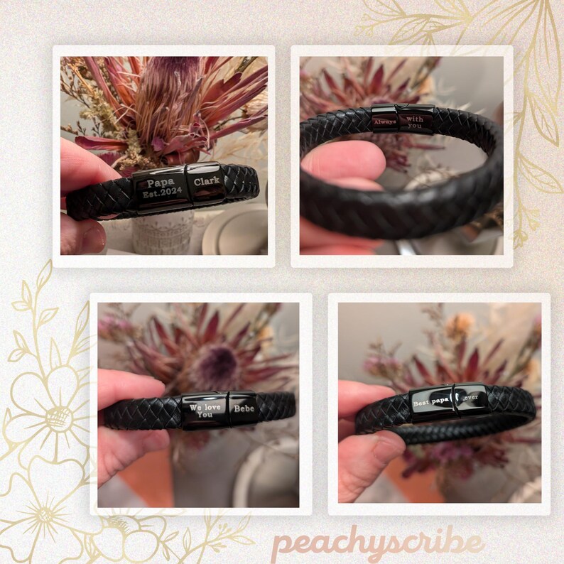 Personalized Black Leather Bracelet for Men – Engraved Magnetic Clasp | Custom Gift for Husband, Boyfriend or Dad, Custom Father's Day name. Handcrafted from genuine black braided leather with a sleek engraved black clasp, this personalized bracelet is rugged, refined, and ridiculously handsome. Whether you're engraving your kids' names, an anniversary date, or a private message tucked discreetly inside, this bracelet brings sentimental value to a piece he’ll actually want to wear.