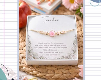 Teacher Appreciation Gift: Real Pink Pressed Flower Resin Gold Bracelet, End of the Year Teacher Gift, Personalized floral jewelry gift