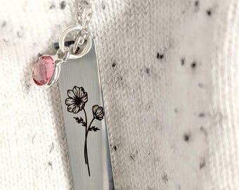 Personalized Engraved Birth Month Flower Necklace, Stainless Steel Birth Month Floral Necklace with birth stone, Handmade Metal Bar necklace