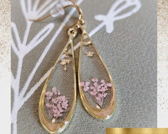 Pink Pressed Flower Resin Earrings: Teardrop Gold Floral Jewelry, Dried Flower Jewelry, Teardrop floral earrings, handmade resin jewelry
