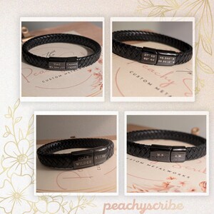 Personalized Black Leather Bracelet for Men – Engraved Magnetic Clasp | Custom Gift for Husband, Boyfriend or Dad, Custom Father's Day name. Handcrafted from genuine black braided leather with a sleek engraved black clasp, this personalized bracelet is rugged, refined, and ridiculously handsome. Whether you're engraving your kids' names, an anniversary date, or a private message tucked discreetly inside, this bracelet brings sentimental value to a piece he’ll actually want to wear.