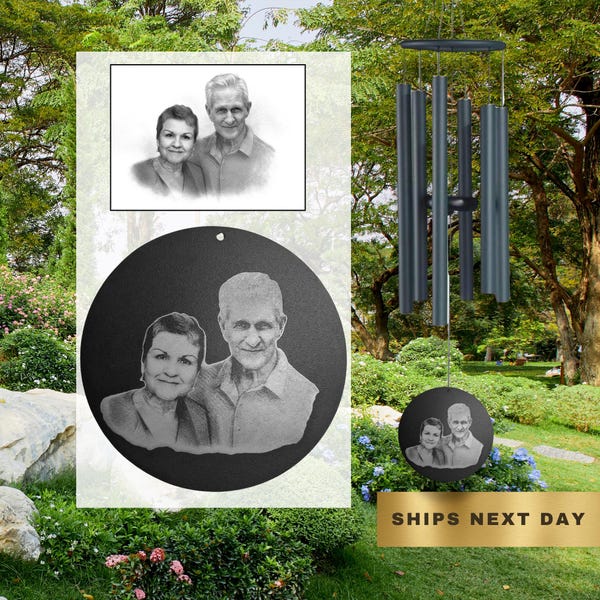 Campana de viento conmemorativa con foto grabada: Regalo de condolencia personalizado, Campana de viento conmemorativa "Escucha el viento", Regalo de condolencia personalizado, En memoria de