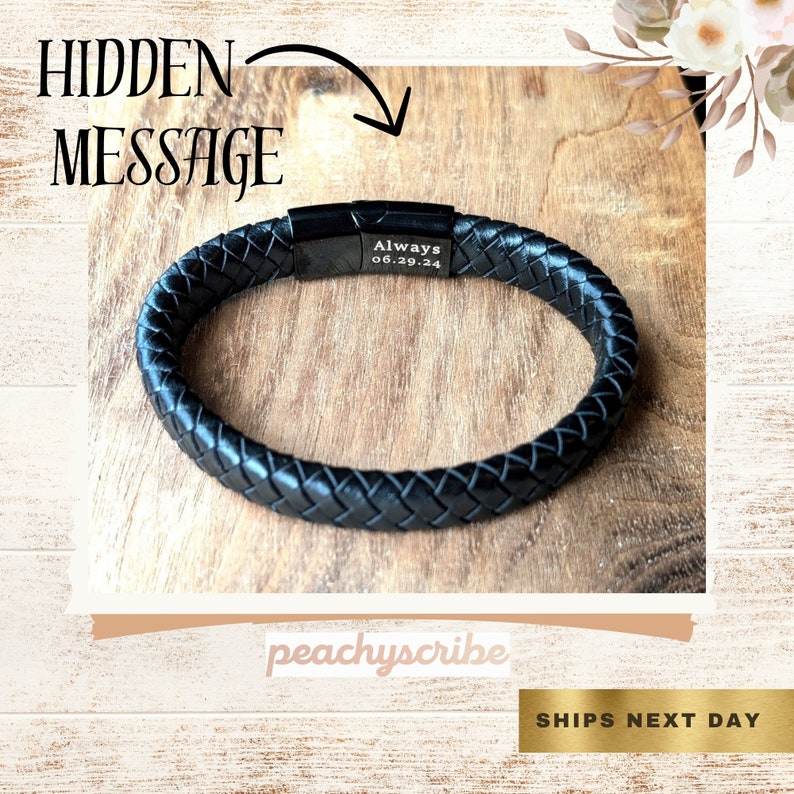 Personalized Black Leather Bracelet for Men – Engraved Magnetic Clasp | Custom Gift for Husband, Boyfriend or Dad, Custom Father's Day name. The bracelet has a masculine, rugged style and is shown against a background of casual clothing. The bracelet is personalized and designed as a sentimental gift for new fathers or grandfathers. A black leather bracelet with a braided design and a silver clasp. The clasp has the words 'Always 06.29.24' engraved on it.