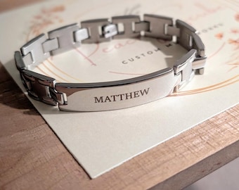 Personalized Men's Silver or Black Stainless-Steel Bracelet, Custom New Dad Bracelet with Kids Names Laser Engraved, Medical ID Bracelet