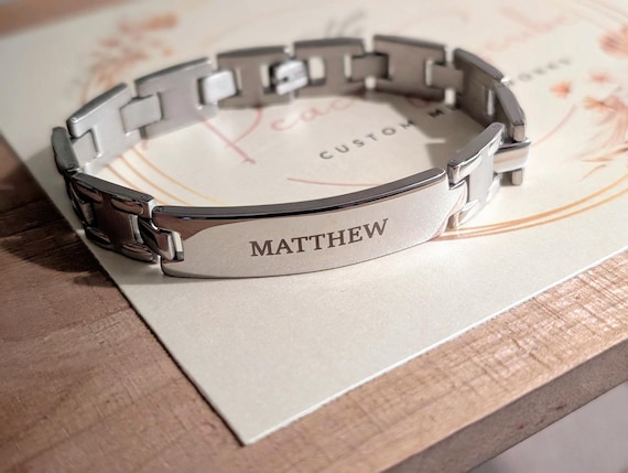 Personalized Men's Silver or Black Stainless-Steel Bracelet, Custom New Dad Bracelet with Kids Names Laser Engraved, Medical ID Bracelet