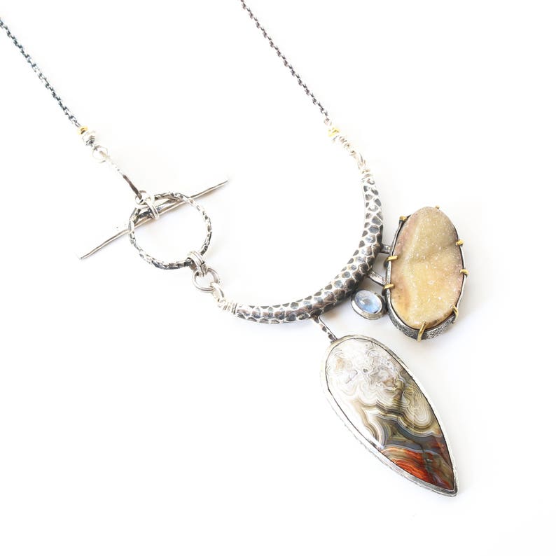 Oval yellow druzy lace agate and moonstone pendant necklace in silver bezel setting with silver tube on Sterling silver oxidized chain