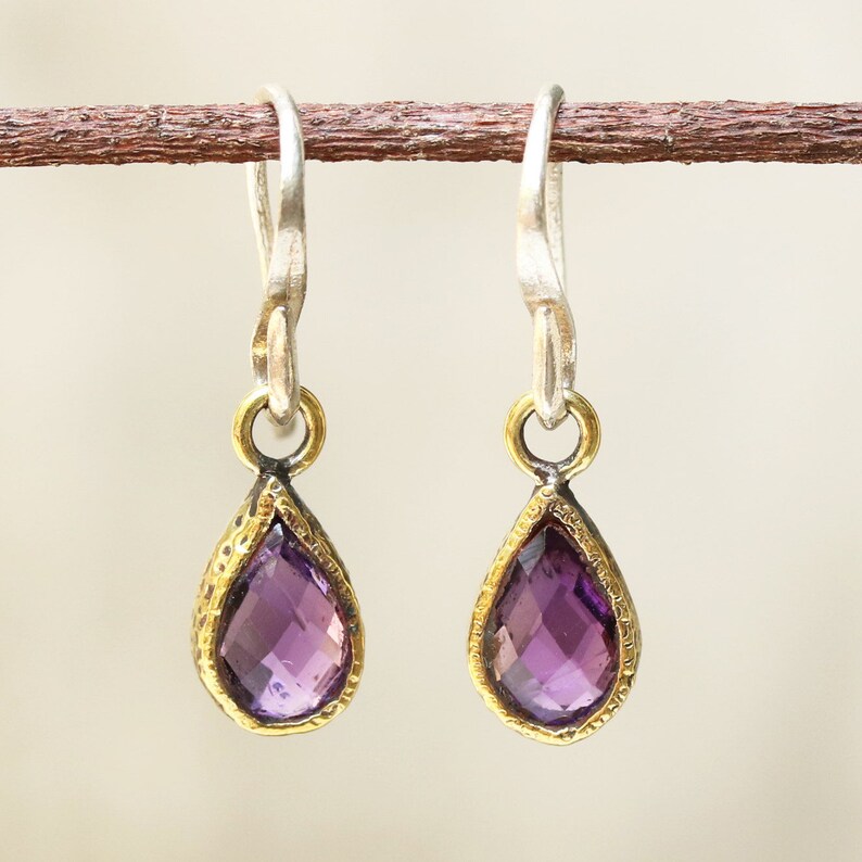 Teardrop faceted amethyst earrings in brass bezel setting and sterling silver hooks