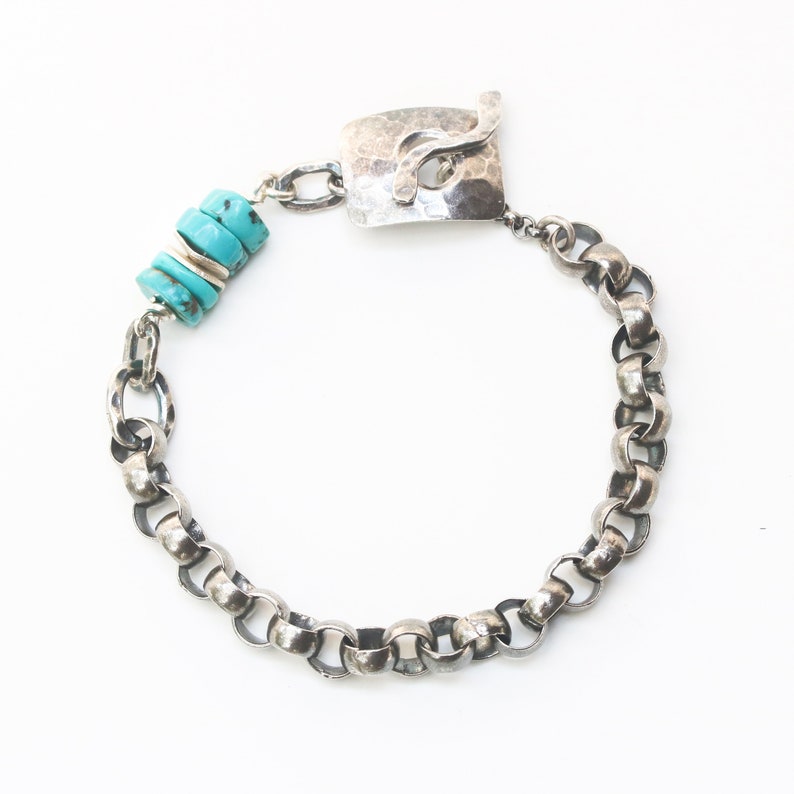 No.5 Turquoise beads bracelet with oxidized sterling silver rolo style chain