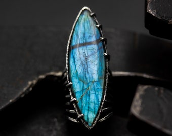 Marquis blue/gray Labradorite ring in silver bezel and prongs setting with sterling silver skeleton multi wrap band