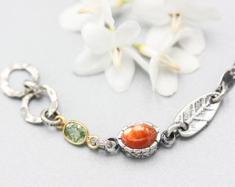Sunstone pendant bracelet with green tourmaline gemstone on sterling silver chain