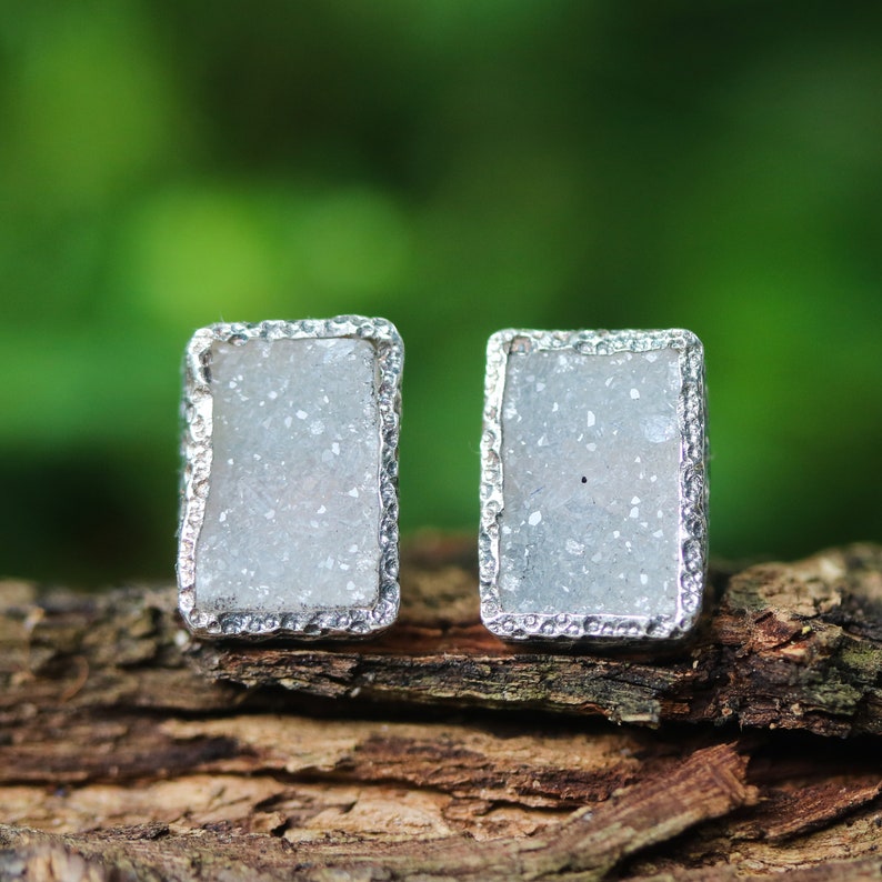 Rectangle grey Druzy quartz earrings in silver bezel setting with sterling silver stud style