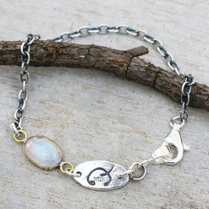 Bracelet oval cabochon moonstone in brass bezel setting and oxidized sterling silver chain FBA