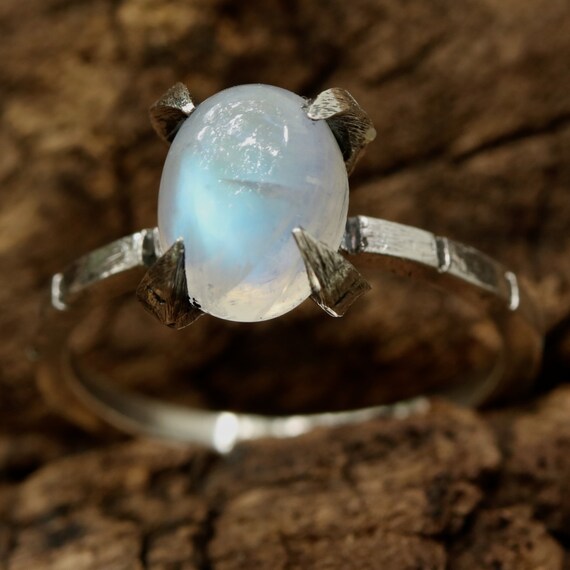 Oval Cabochon Moonstone Ring in Sterling Silver Prongs Setting