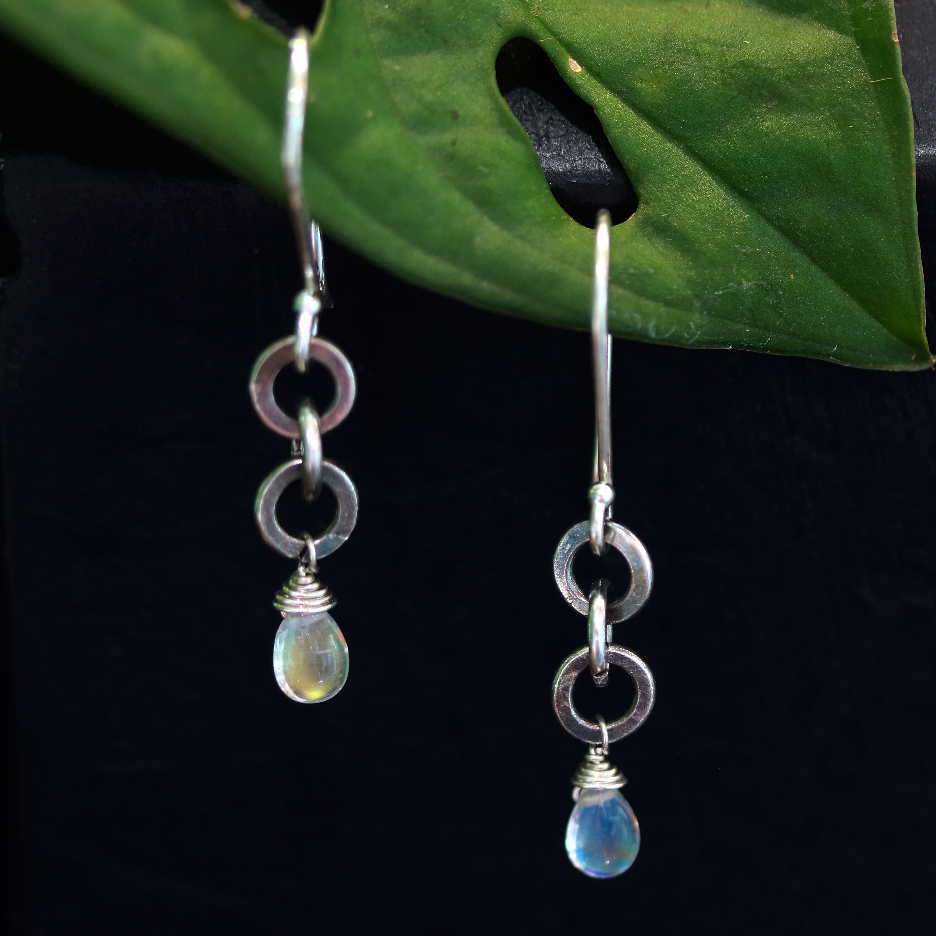 Earrings,teardrop Cabochon Moonstone and 3 Round Silver Ring on