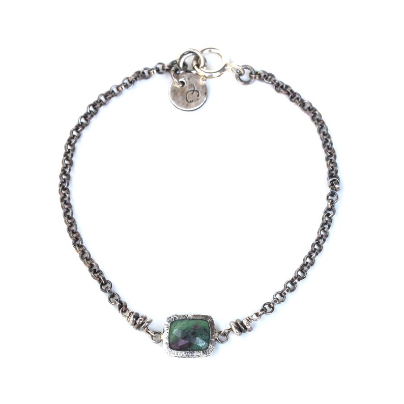 Rectangle faceted ruby zoisite bracelet in silver bezel setting and sterling silver oxidized rolo chain