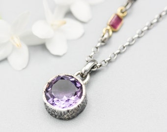 Faceted round Amethyst necklace in silver bezel setting with oxidized sterling silver chain