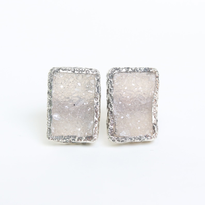 Rectangle grey Druzy quartz earrings in silver bezel setting with sterling silver stud style