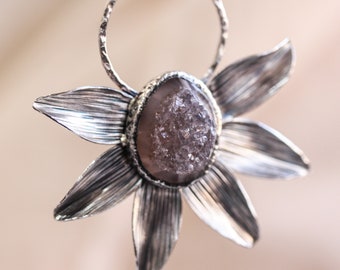 Oval brown Druzy pendant necklace with silver flower shape on sterling silver chain