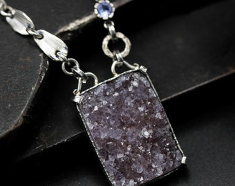 Rectangle brown Druzy pendant necklace in silver bezel and prongs setting with Tanzanite secondary on sterling silver chain