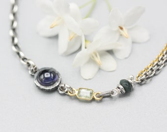 Round Iolite pendant bracelet with tourmaline and emerald gemstone on sterling silver chain