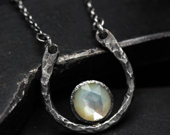 White Moonstone pendant necklace with silver circle loop and sterling silver chain