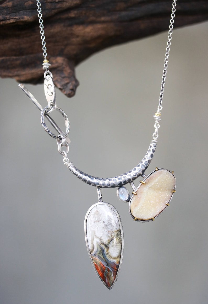 Oval yellow druzy lace agate and moonstone pendant necklace in silver bezel setting with silver tube on Sterling silver oxidized chain