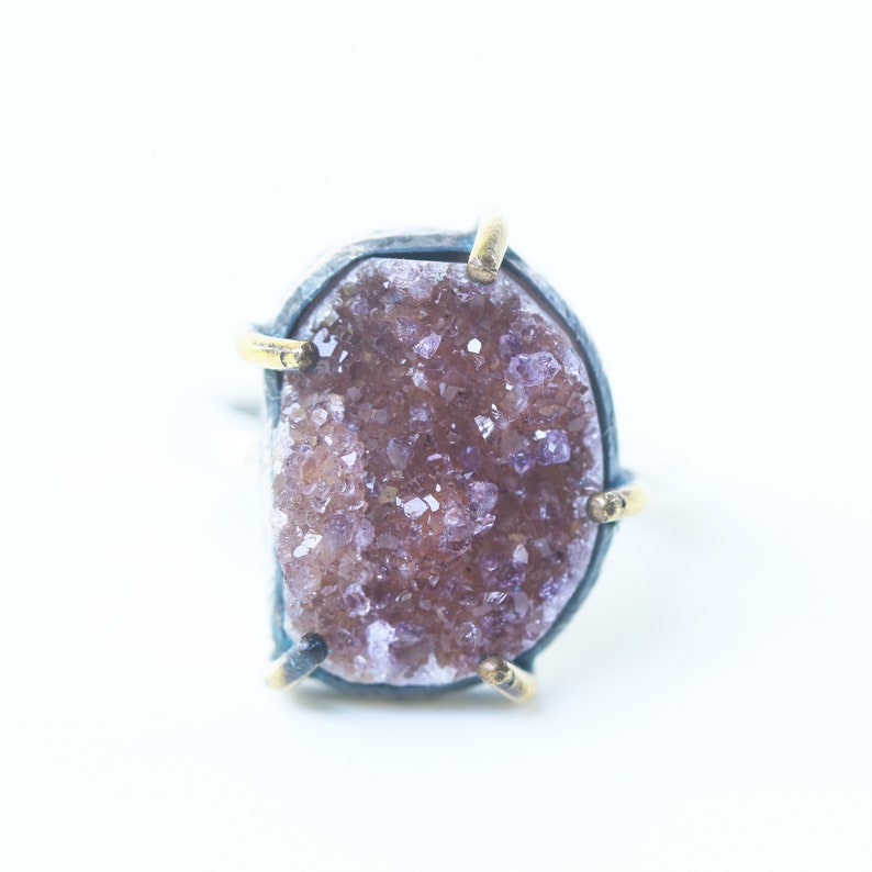 Sterling silver ring with tiny Druzy quartz in silver bezel and brass prongs setting