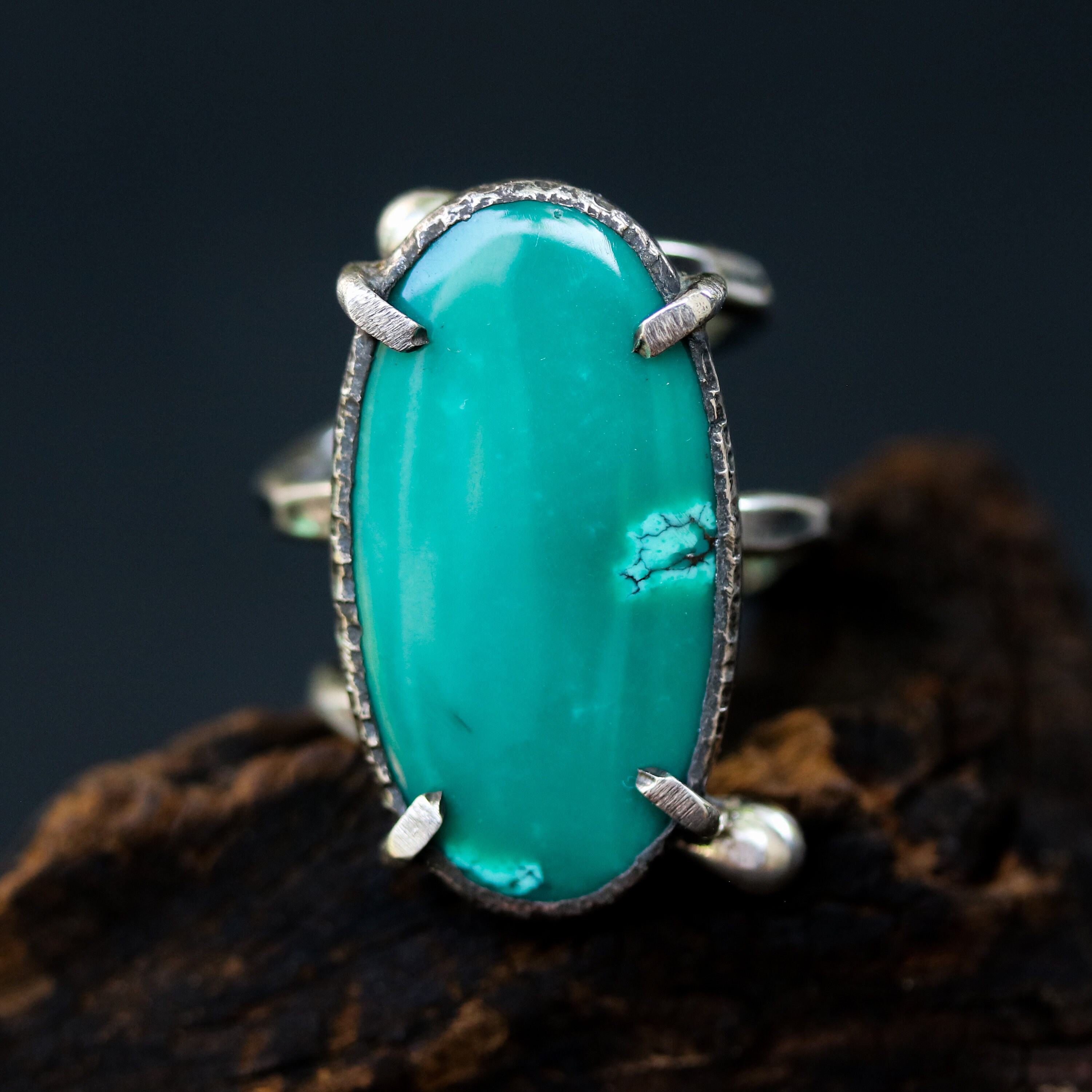 Dark Green Turquoise Ring in Silver Bezel and Prongs Setting Etsy