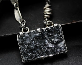 Rectangle black Druzy pendant necklace in silver bezel and prongs setting with Garnet secondary on sterling silver chain