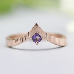 Amethyst ring 14k Rose gold crown design with line texture band