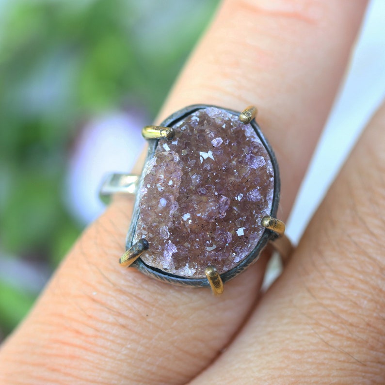 Sterling silver ring with tiny Druzy quartz in silver bezel and brass prongs setting