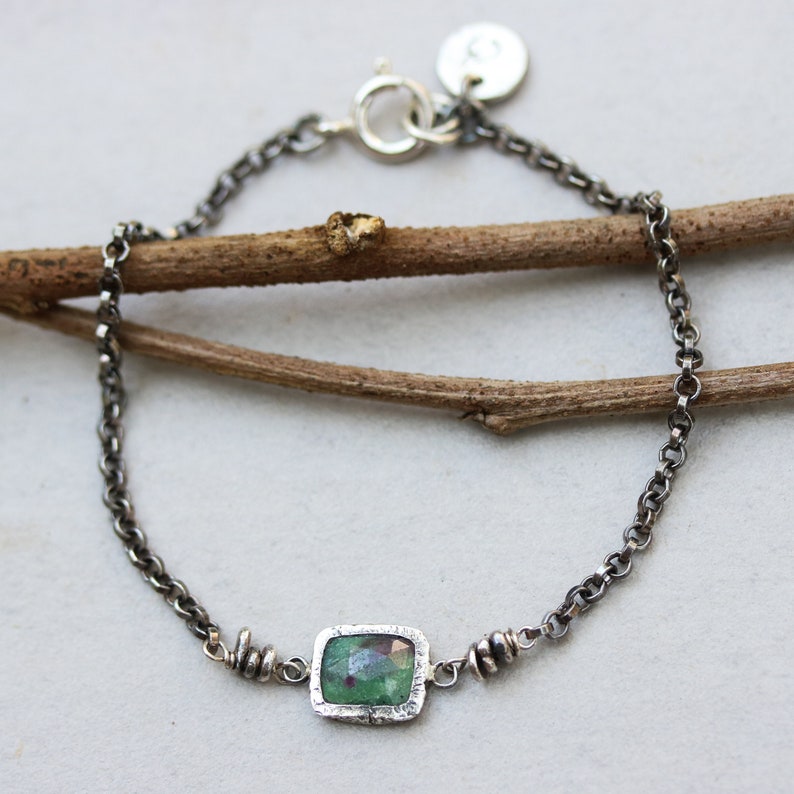 Rectangle faceted ruby zoisite bracelet in silver bezel setting and sterling silver oxidized rolo chain