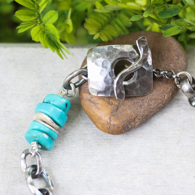 No.5 Turquoise beads bracelet with oxidized sterling silver rolo style chain