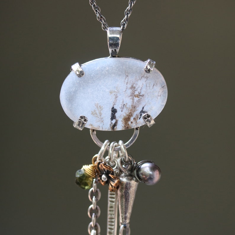 Pine forest in oval dendritic quartz pendant necklace in sterling silver prongs setting with mix gemstone on oxidized sterling silver chain