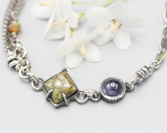 Square Turquoise pendant bracelet with Iolite and opal gemstone on sterling silver chain