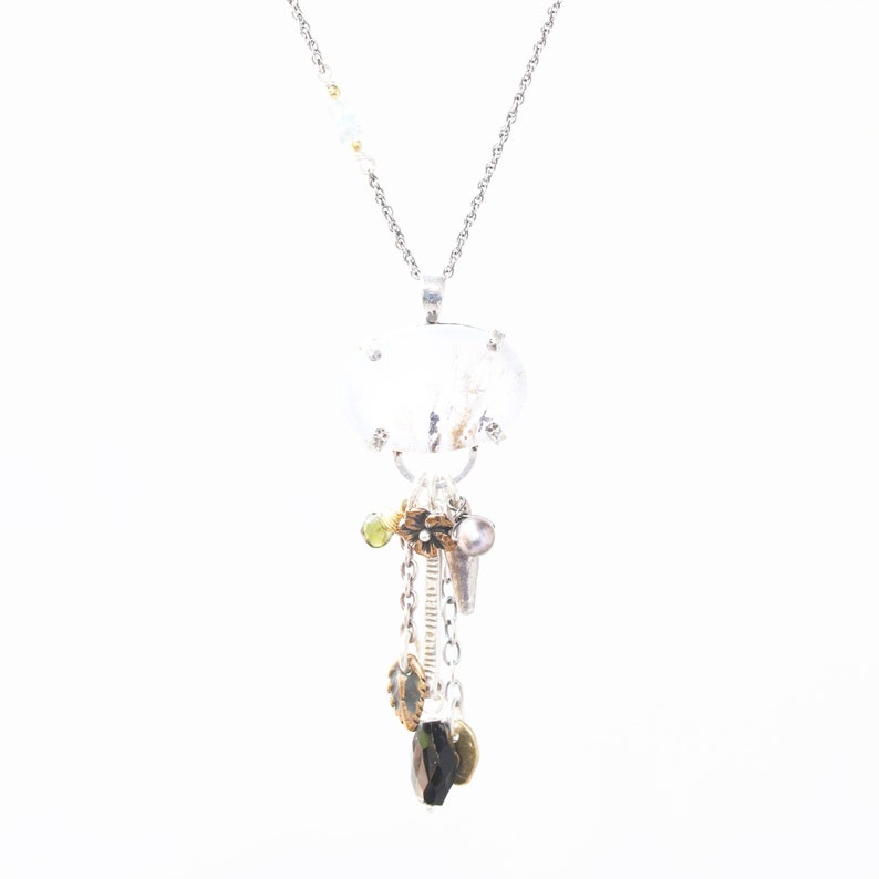 Pine forest in oval dendritic quartz pendant necklace in sterling silver prongs setting with mix gemstone on oxidized sterling silver chain
