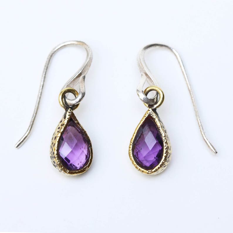 Teardrop faceted amethyst earrings in brass bezel setting and sterling silver hooks