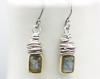 Rectangle Labradorite earrings with silver bird's nest and oxidized sterling silver hooks style