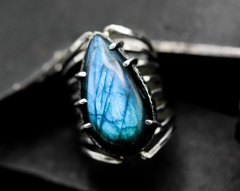 Skeleton ring blue teardrop Labradorite in sterling silver bezel and prongs setting