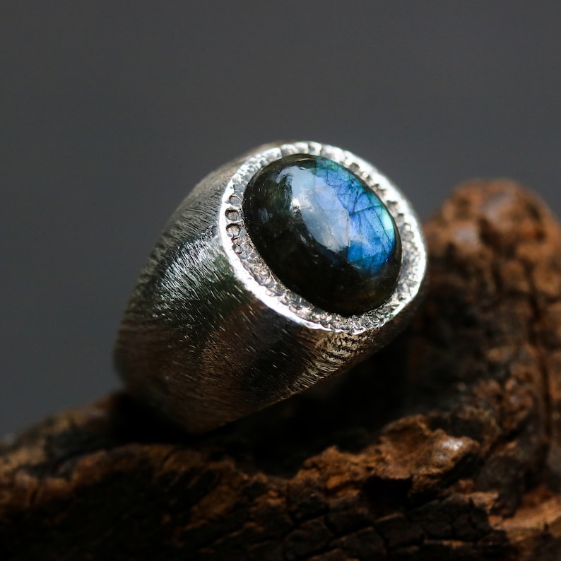 Oval cabochon Labradorite with silver signet ring in brushed and oxidized sterling silver