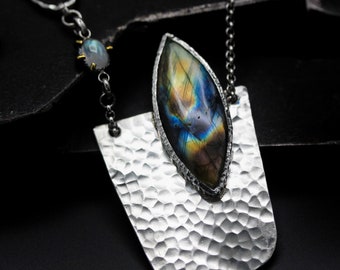 Marquise cabochon labradorite pendant necklace in bezel setting with sterling silver semi-oval shape on silver chain