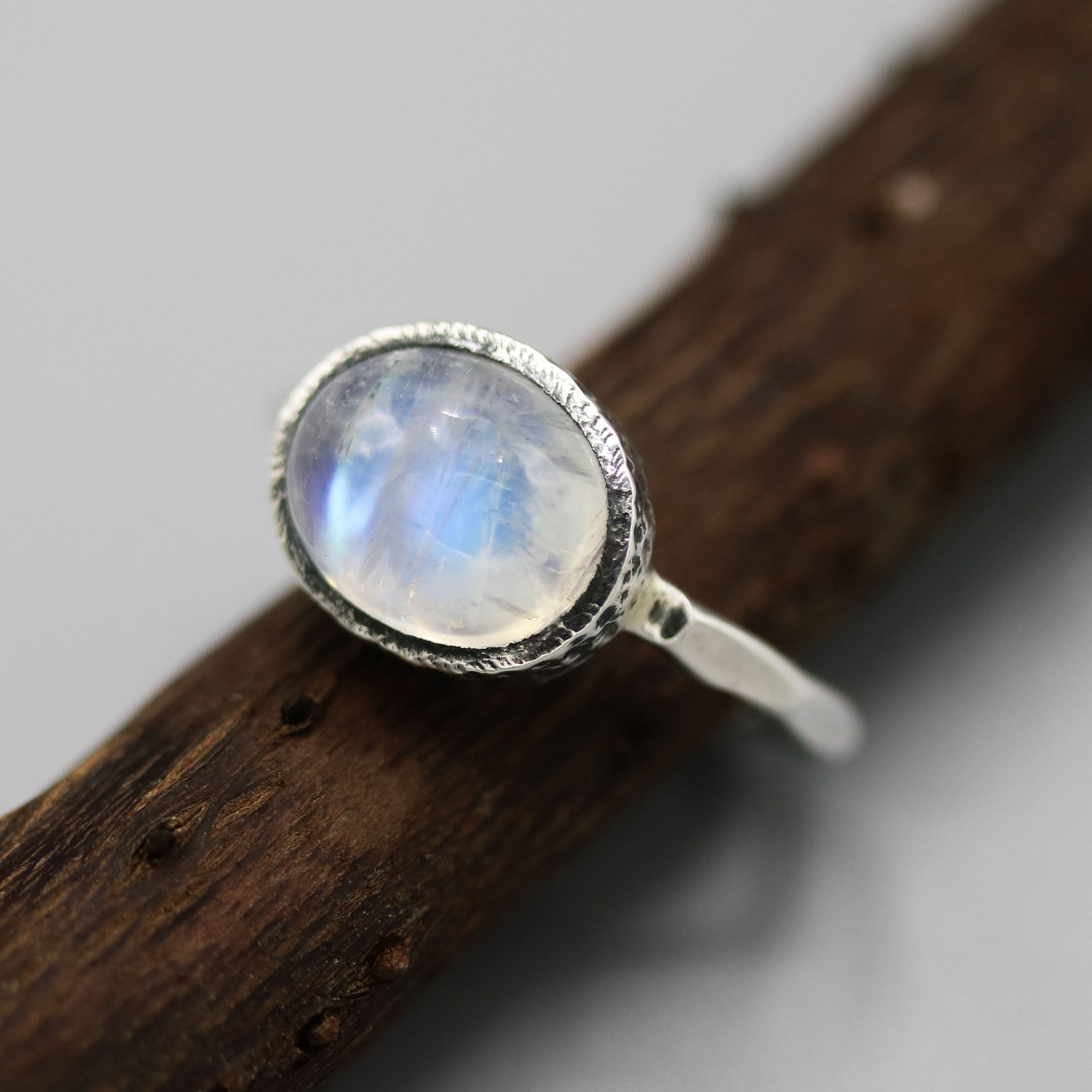 Oval moonstone ring in silver bezel prongs setting with hammer Etsy