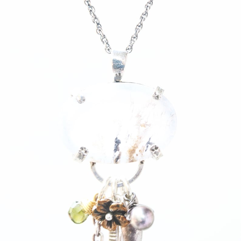Pine forest in oval dendritic quartz pendant necklace in sterling silver prongs setting with mix gemstone on oxidized sterling silver chain