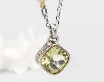 Square shape Lemon quartz pendant necklace with oxidized sterling silver chain