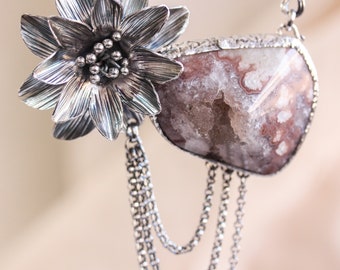 Large brown Druzy pendant necklace with silver flower shape on sterling silver chain