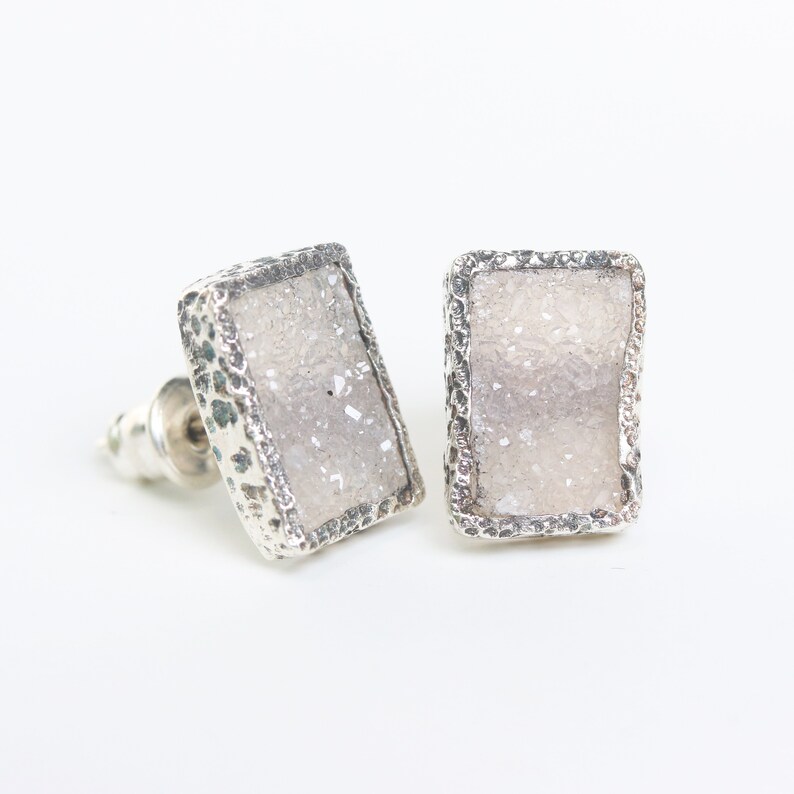 Rectangle grey Druzy quartz earrings in silver bezel setting with sterling silver stud style
