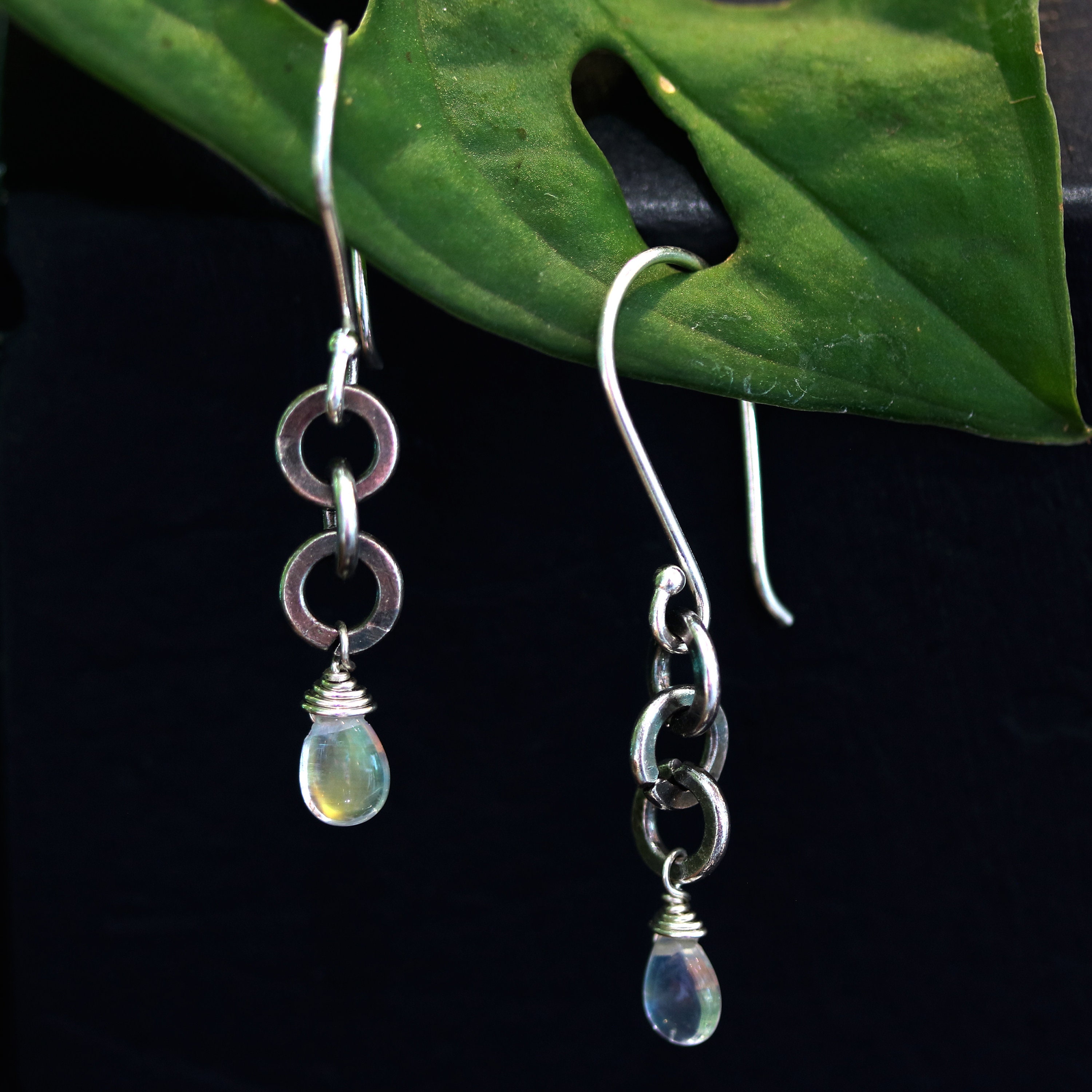 Earrings,teardrop Cabochon Moonstone and 3 Round Silver Ring on